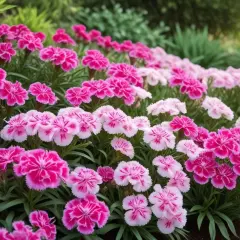 En rabatt med rosa och cerisa nejlikor, perfekta att odla som snittblomma för en vacker bukett.