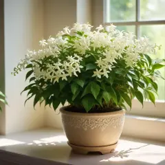 En frodig vippjasmin utomhus i kruka, med sina vita blommor som sträcker sig mot solljuset som silas genom fönstret.