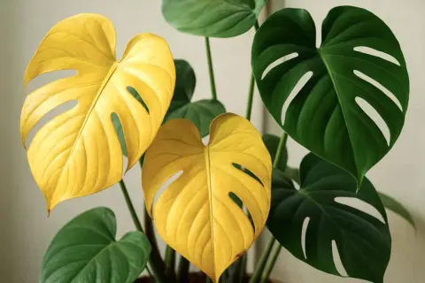 Två lysande gula monstera blad kontrasterar mot mörkgröna, fenestrerade blad. En ovanlig och vacker syn.