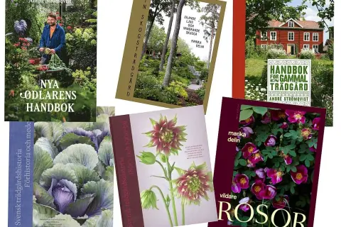 En samling böcker om odling, trädgårdar och växter. Här finns "Nya odlarens handbok", "Handbok för en gammal trädgård", "Vildare rosor" och böcker om svensk trädgårdshistoria.