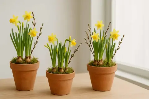 Tre terrakottakrukor med påskliljor och videkissar. En härlig vårscen, nästan som en liten "tete a tete" mellan blommorna.