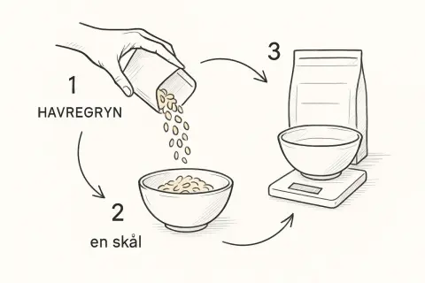 Steg för steg: Häll havregryn i en skål. Väg sedan upp mer havregryn för att mata ankorna.