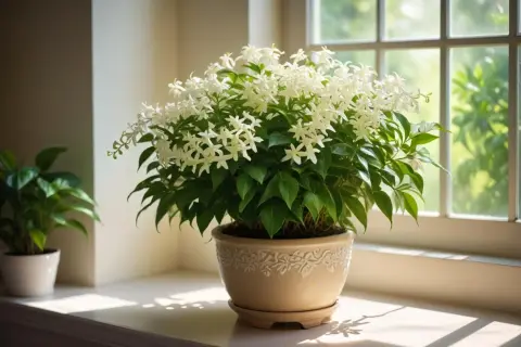 En frodig vippjasmin utomhus i kruka, med sina vita blommor som sträcker sig mot solljuset som silas genom fönstret.