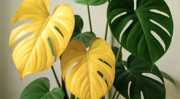 Två lysande gula monstera blad kontrasterar mot mörkgröna, fenestrerade blad. En ovanlig och vacker syn.