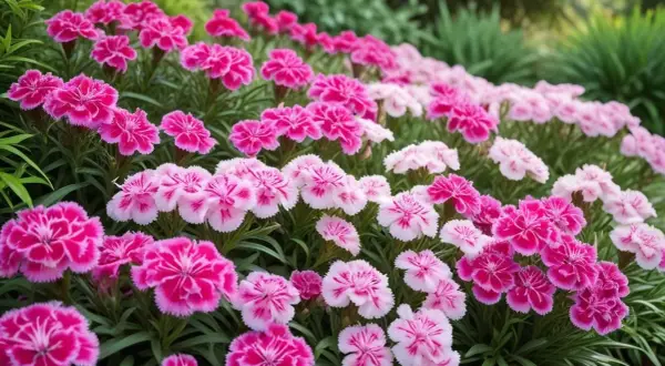 En rabatt med rosa och cerisa nejlikor, perfekta att odla som snittblomma för en vacker bukett.