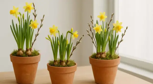 Tre terrakottakrukor med påskliljor och videkissar. En härlig vårscen, nästan som en liten "tete a tete" mellan blommorna.