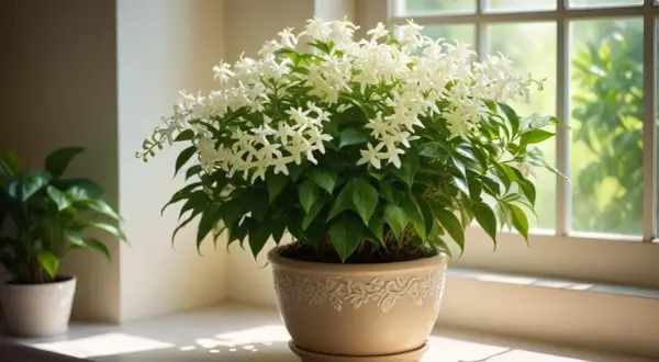 En frodig vippjasmin utomhus i kruka, med sina vita blommor som sträcker sig mot solljuset som silas genom fönstret.