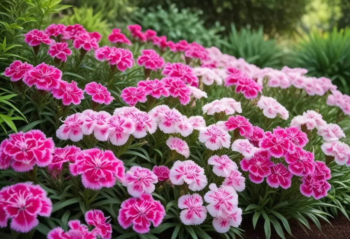 En rabatt med rosa och cerisa nejlikor, perfekta att odla som snittblomma för en vacker bukett.