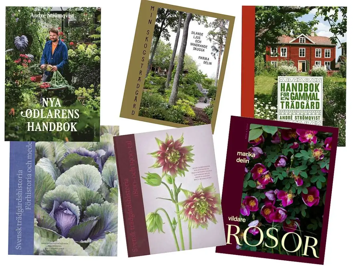 En samling böcker om odling, trädgårdar och växter. Här finns "Nya odlarens handbok", "Handbok för en gammal trädgård", "Vildare rosor" och böcker om svensk trädgårdshistoria.