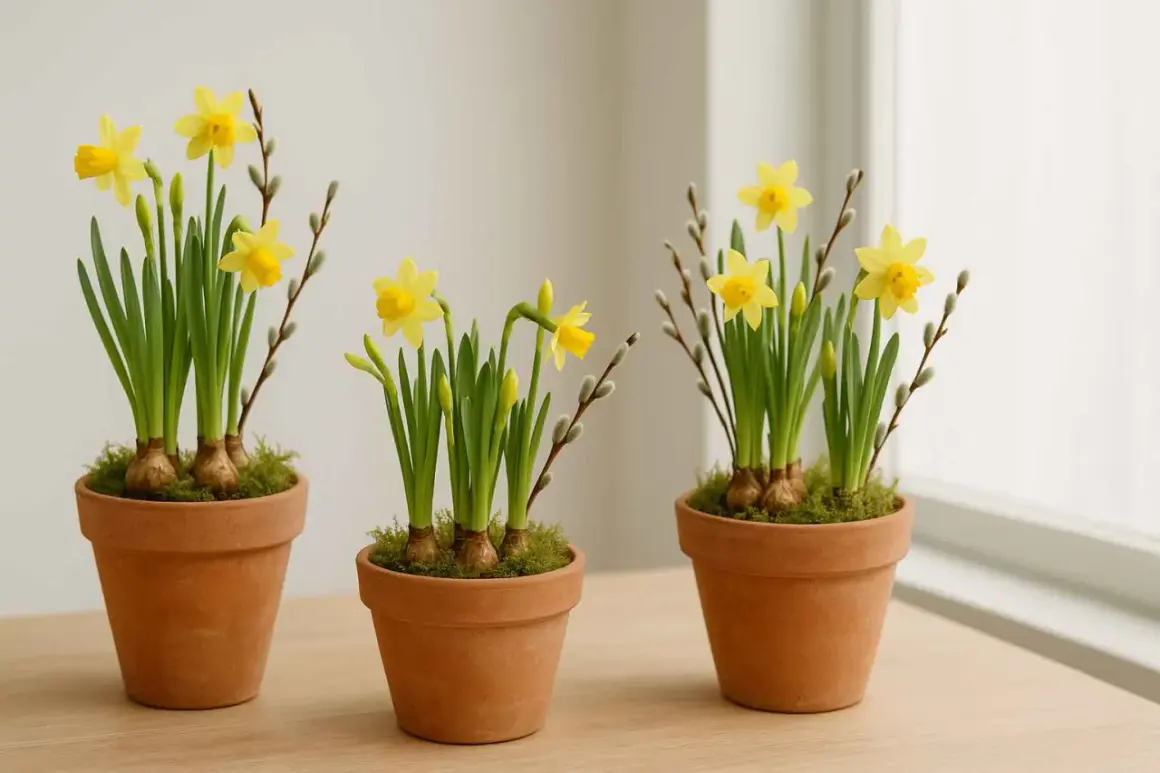 Tre terrakottakrukor med påskliljor och videkissar. En härlig vårscen, nästan som en liten "tete a tete" mellan blommorna.