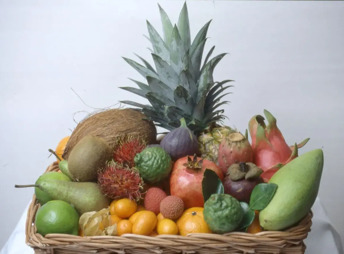 En korg fylld med exotiska frukter, inklusive en ananas som ser ut att vara redo att odla. Här finns även kokosnöt, kiwi, rambutan, granatäpple och mango.