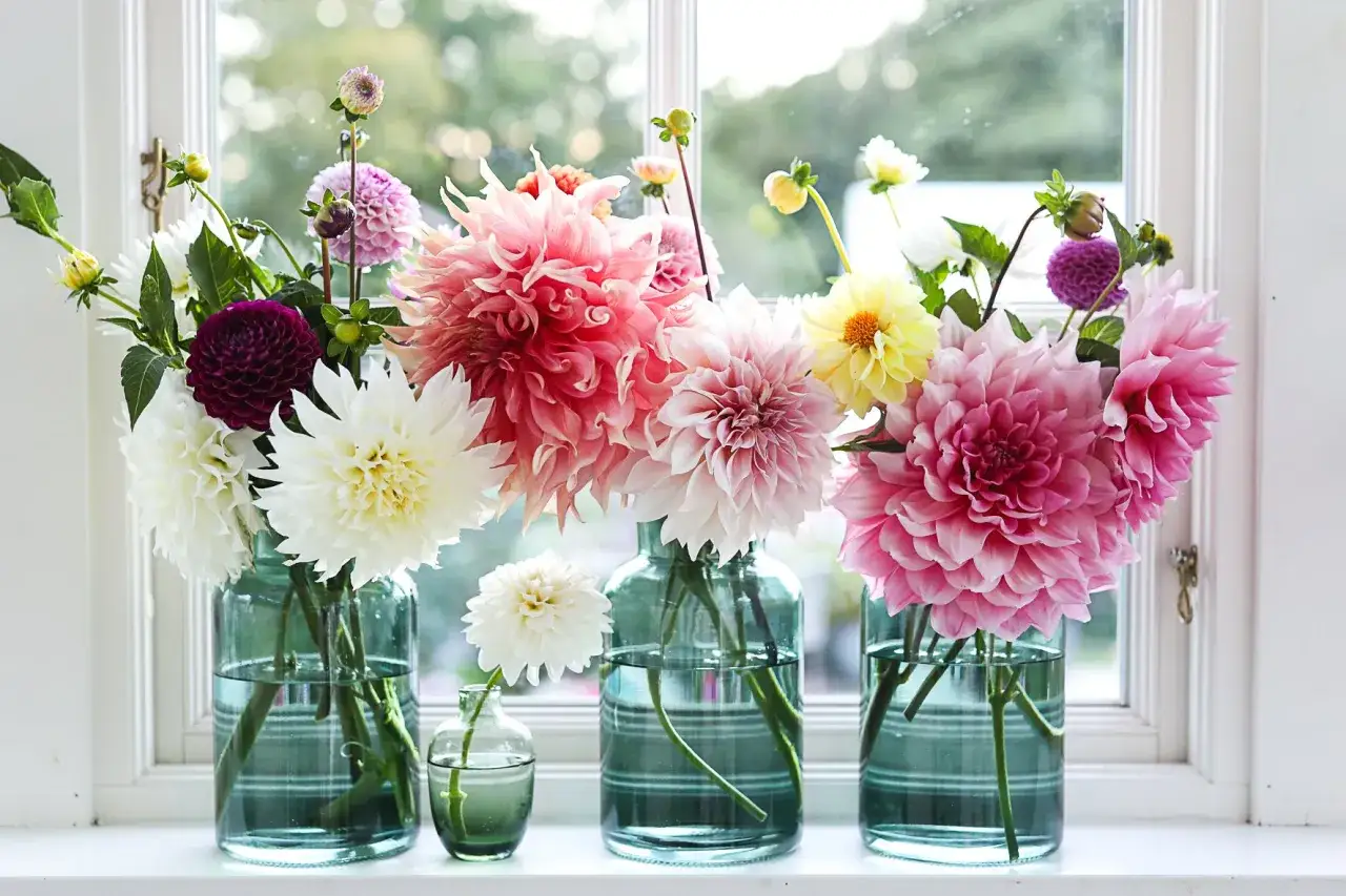 En bukett med dahlia i kruka i olika färger, från vitt och rosa till lila och gult, står i gröna glasvaser på en fönsterbräda.