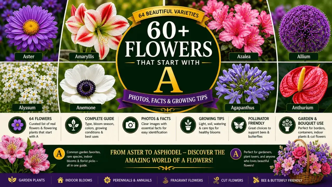En bild med m&aring;nga vackra blommor som b&ouml;rjar p&aring; bokstaven A, som aster, amaryllis och azalea. En blomma p&aring; A.