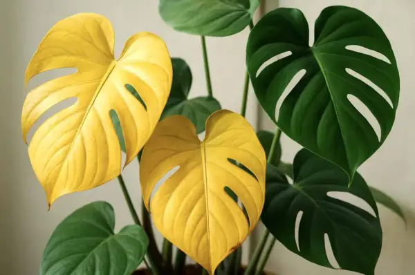 Två lysande gula monstera blad kontrasterar mot mörkgröna, fenestrerade blad. En ovanlig och vacker syn.