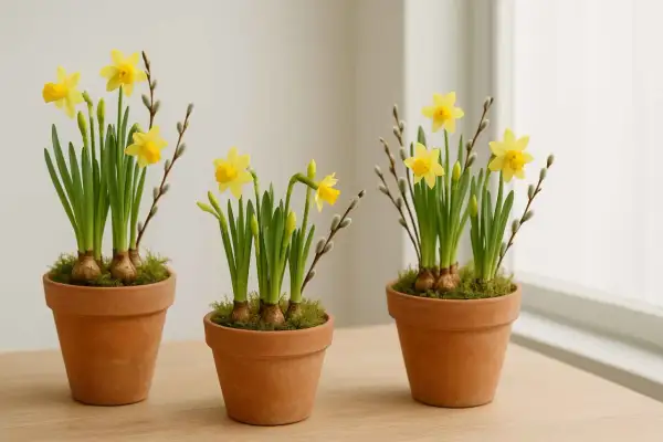 Tre terrakottakrukor med påskliljor och videkissar. En härlig vårscen, nästan som en liten "tete a tete" mellan blommorna.