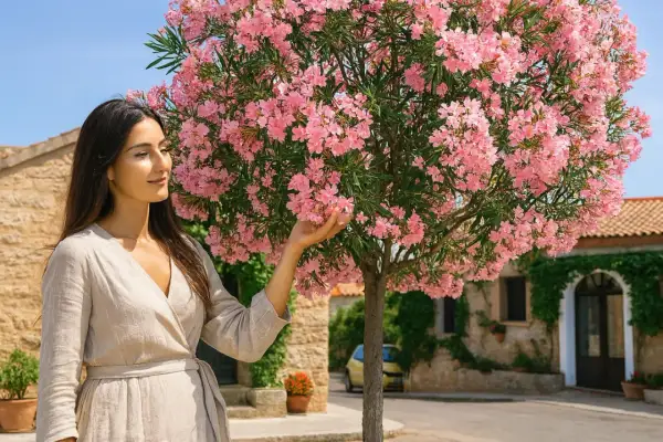 Kvinna vid ett träd med rosa blommor, en vacker nerium oleander i full blom.